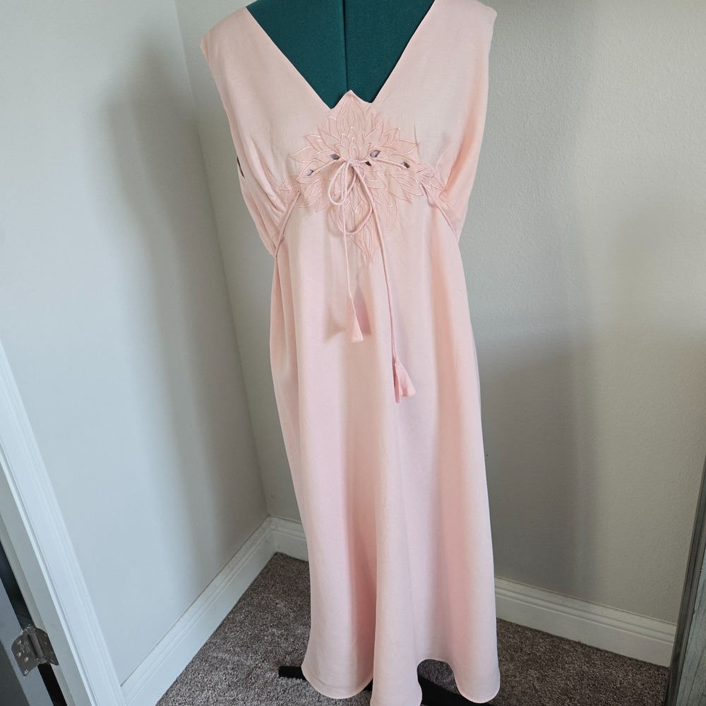 Adrianna Papell Embroidered Gown Women 18W Blush Pink Linen Blend A-Line Midi